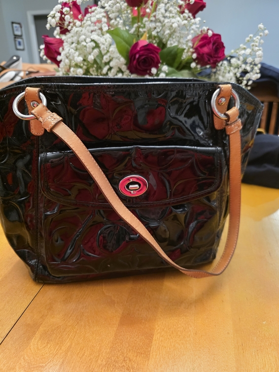 Coach Handbags - Coach Black Patent Shoulder Bag with Tan Straps and Turn-Lock